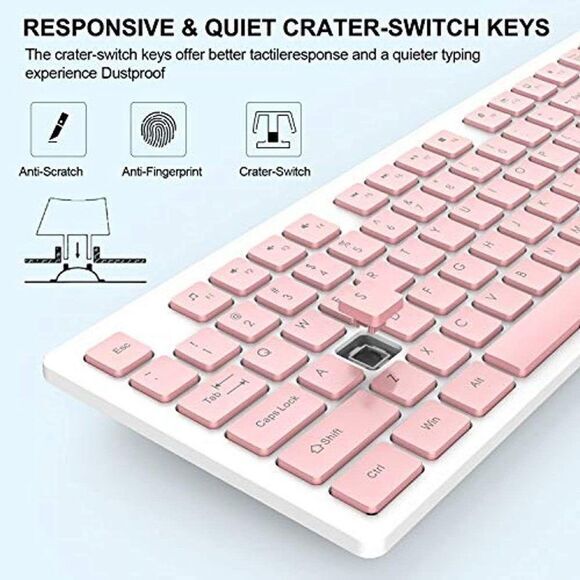 Wireless Keyboard and Mouse, Full-Size Pink 2.4GHz Silent USB Wireless Keyboard - Picture 3 of 7